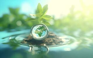 Globe glass in nature concept eco earth day. Generative AI photo