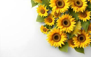 Sunflower bouquet with leaves on white background. Generative AI photo