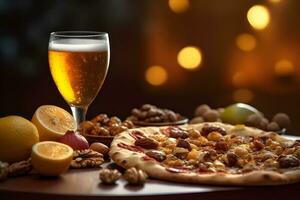 Beer with pizza and lemon. International beer day. photo