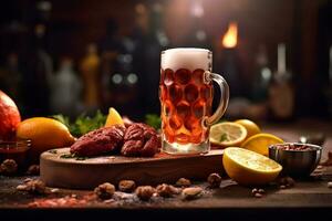 Beer with meat and lemon. International beer day. photo