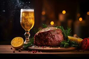 Beer with meat and lemon. International beer day. photo