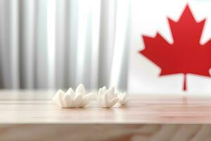 Wood table with Canada Flag background. Canada Day concept. Generative AI photo
