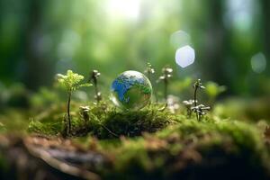 Plant growth on globe glass in nature concept eco earth day photo