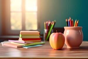 Wood table with Stationeries. Back to school background concept. Generative AI photo