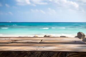 Wood table with ocean background. summer background. photo