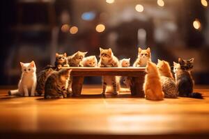 Wooden table with many cats. International cat day. photo