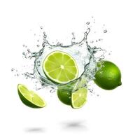 Ripe limes splashing water on white background. photo