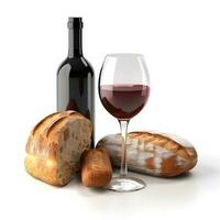 taza de vino con uvas y un pan en blanco. generativo ai foto