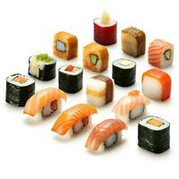 Sushi set on white background. Generative AI photo