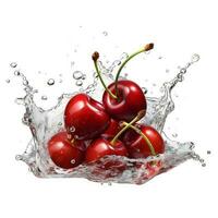 Fresh cherry in water splash on white background. Generative AI photo