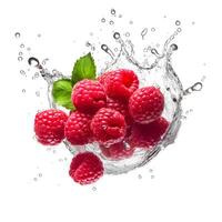 Raspberry in water splash on white background. photo