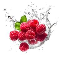 Raspberry in water splash on white background. Generative AI photo