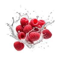 Raspberry in water splash on white background. Generative AI photo