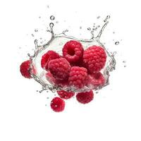 Raspberry in water splash on white background. Generative AI photo
