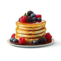 Pancakes stack with different berries and honey isolated on white background photo