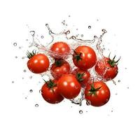 Tomatos in water splash on white background. Generative AI photo