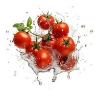 Tomatos in water splash on white background. Generative AI photo