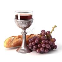 taza de vino con uvas y un pan en blanco. generativo ai foto