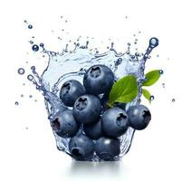 Blueberries with splash isolated on white. Generative AI photo