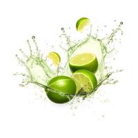 Ripe limes splashing water on white background. Generative AI photo