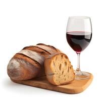 Cup of wine with grapes and bread on white. photo