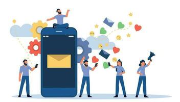 Social media share phone people vector trend illustration with man and woman. Person smile message concept mobile device. Network chat internet application. Gadget using group society banner