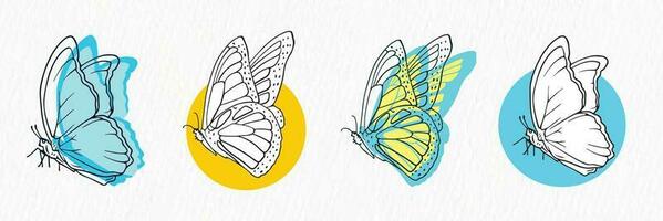 Set of Beautiful cute butterfly line drawing clipart with abstract background vector