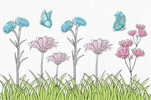 Garden with flowers, grass and butterfly line drawing clipart vector