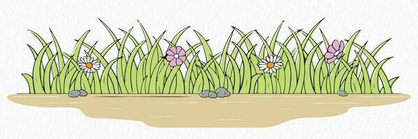 Grass with flower and stone line drawing clipart vector