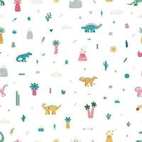 Vector seamless pattern with dinosaur volcano palm cactus rock and mountains