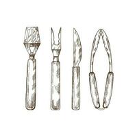 A set of hand-drawn sketches of barbecue tools. Detailed retro style grill tools. Doodle vintage illustration. Engraved image. vector