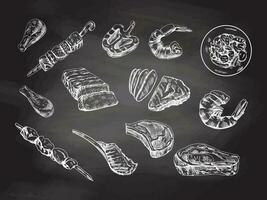 A set of hand-drawn sketches of different types of meat, steaks, shrimp, chicken, grilled vegetables, barbecue on chalkboard background. vector