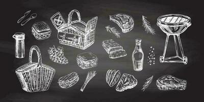 A set of hand-drawn sketches of barbecue and picnic elements on chalkboard background. Doodle vintage illustration. Engraved image. vector