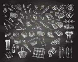 A set of hand-drawn sketches of barbecue and picnic elements on chalkboard background. Doodle vintage illustration. Engraved image. vector