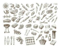 A set of hand-drawn sketches of barbecue and picnic elements. For the design of the menu of restaurants and cafes, grilled food. Doodle vintage illustration. Engraved image. vector