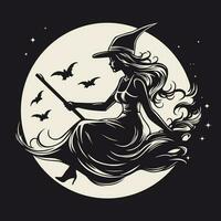 Beautiful witch flying on a broomstick in the night sky against the background of the full moon vector