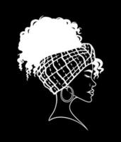 Beautiful African woman portrait in traditional turban. Vector line art on black background