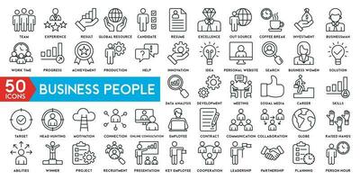 Business people line icons set. Businessman outline icons collection. Teamwork, human resources, meeting, partnership, meeting, work group, success, resume vector