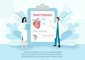 Image of doctor in cartoon character checkup a human heart on clipboard and example texts on blue decorated plants background. Poster's campaign of world heart day in flat style and vector design.