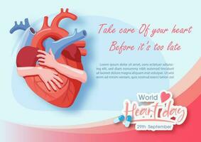 Image of human hands acting hug a heart and wording of World Heart Day, example texts on blue background. Poster's campaign of world heart day in vector design.