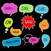 Hand drawn set of Colorful speech bubbles with dialog words. isolated on black background. doodle vector illustration