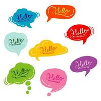 Vector of Colorful speech bubbles doodle set. with dialog words Hello. isolated on white background