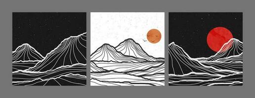 Set of Mountain landscape illustration. Hand drawn style of creative minimalist modern line art print. Abstract contemporary aesthetic background landscape. with Mountains, hills, moonlight vector