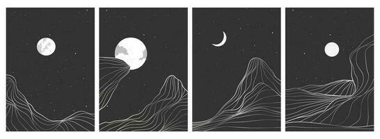 Mountain line art print on set. Abstract mountain contemporary aesthetic backgrounds landscapes. with mountain, desert, skyline and moonlight. vector illustrations