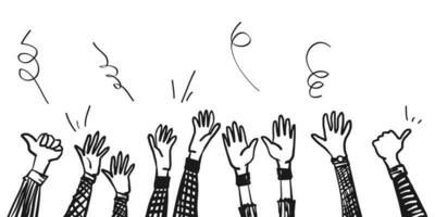 Doodle hands clapping ovation. applause, thumbs up gesture on hand drawn style. vector illustration