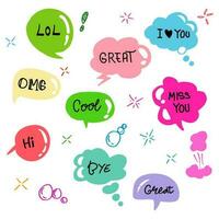 Hand drawn set of Colorful speech bubbles with dialog words. isolated on white background. doodle vector illustration