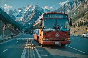 A Road Trip Red Bus Stopped on the Road photo