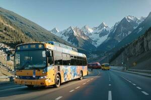 A Road Trip Yellow Bus Stopped on the Road photo