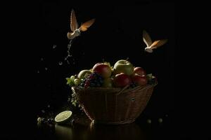 Photo blender with fruits flying isolated on black background Basket splash