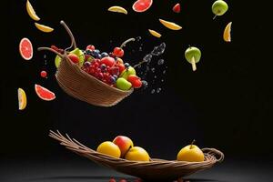 Photo blender with fruits flying isolated on black background Basket splash